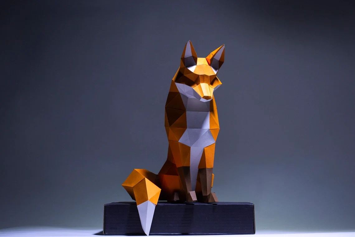 Moon Fox Paper Craft, Digital Template, Origami, PDF Download DIY, Low Poly, Trophy, Sculpture, Moon Fox Model