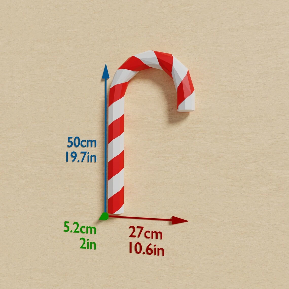 Candy Cane Large Papercraft 3D DIY low poly paper craft Christmas Holidays decoration