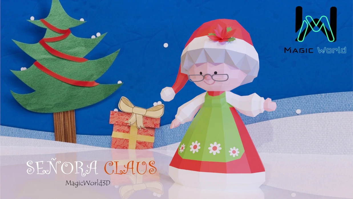 Mrs. Claus Cute, Sra. Claus Cute, Señora Claus Low Poly, Papercraft, PDF template, Paper model, Sculpture, 3D puzzle, Polygonal model, Lowpoly