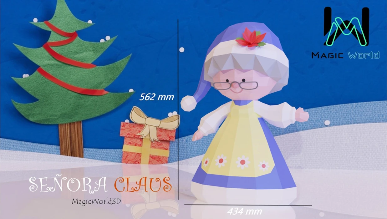 Mrs. Claus Cute, Sra. Claus Cute, Señora Claus Low Poly, Papercraft, PDF template, Paper model, Sculpture, 3D puzzle, Polygonal model, Lowpoly