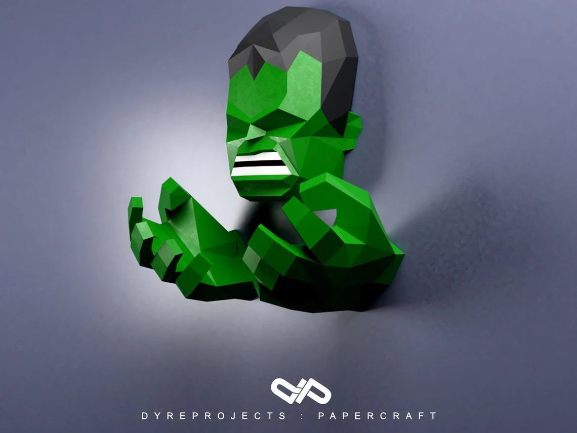 DIY lowpoly Papercraft, Hulk, Sculpture, DIY, Decoration, Wall, Origami, Art, Craft, Template, Printable, Superheroes, Fanart