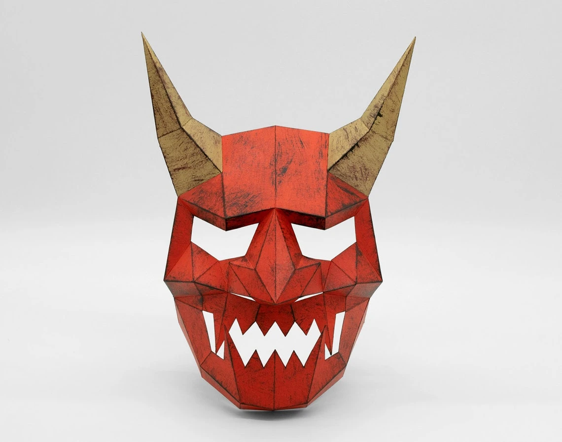 Japanese Demon Mask, Oni, Hannya | DIY Paper Mask, Printable Template, Papercraft, 3D Mask, Polygon, Low Poly, Geometric, Costume, Pattern