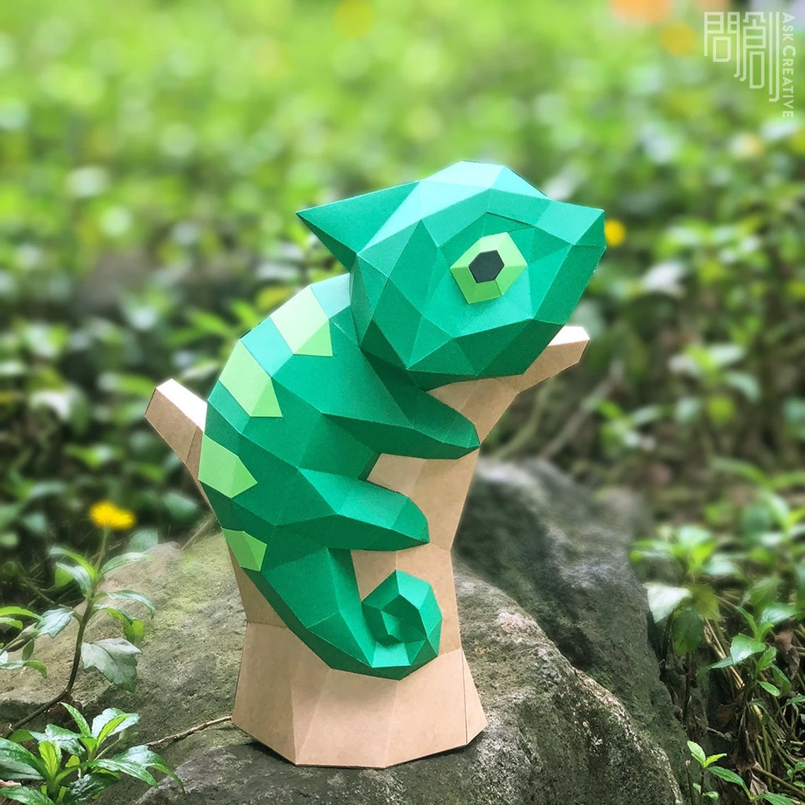 Chameleon paper model,Papercraft,DIY,Low poly,PDF Papercraft,Chameleon Model,Chameleon low poly,Chameleon,polygonal,decoration