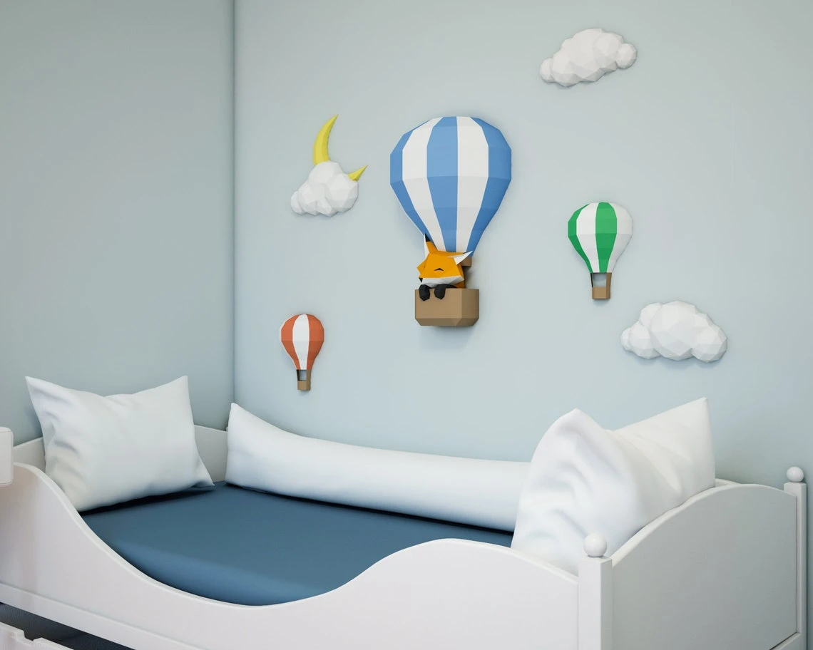 Papercraft Balloons and Clouds, paper craft sky panorama, moon paper model, Fox in the balloon, kid PDF, for girl, for boy, Children's room.