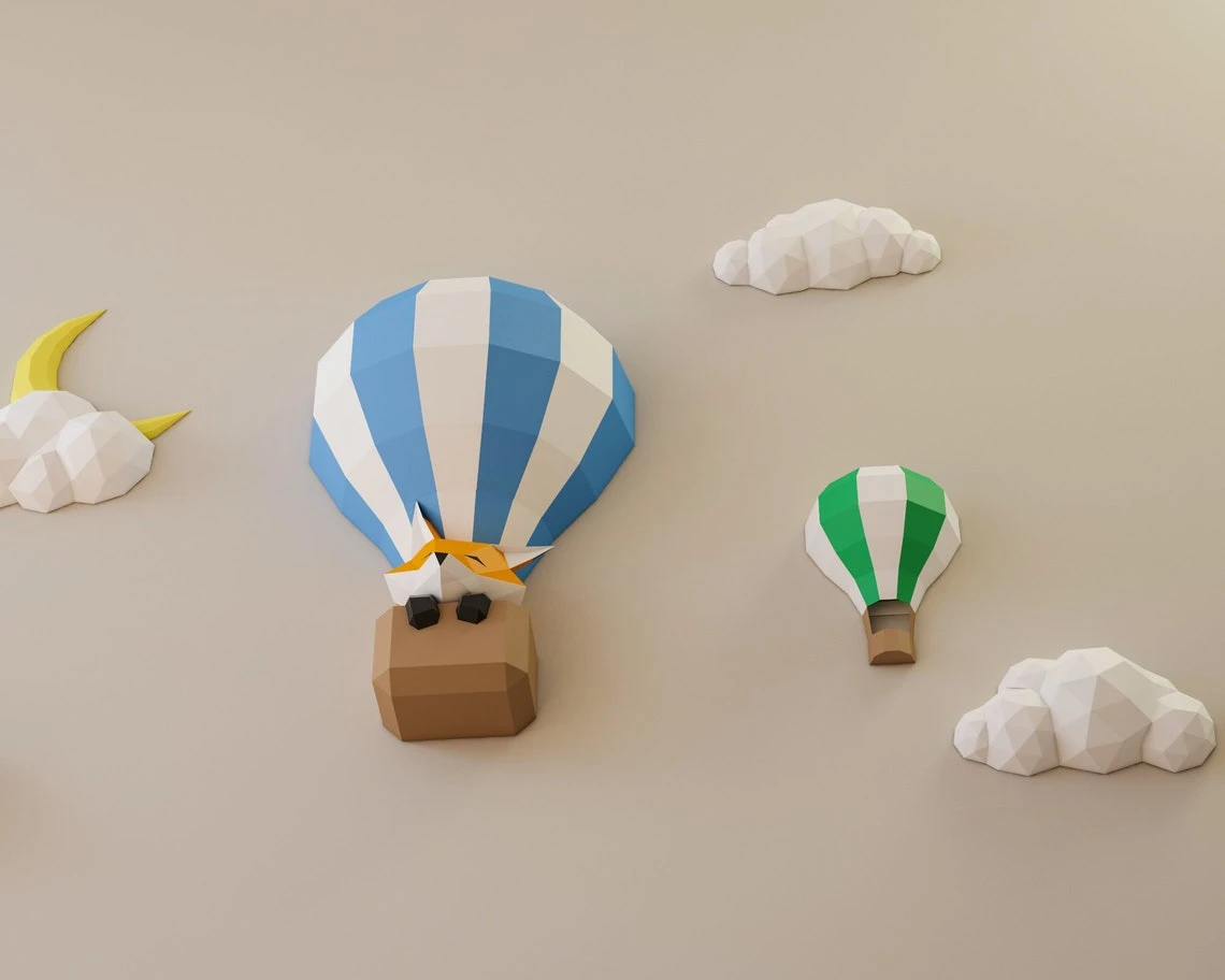 Papercraft Balloons and Clouds, paper craft sky panorama, moon paper model, Fox in the balloon, kid PDF, for girl, for boy, Children's room.