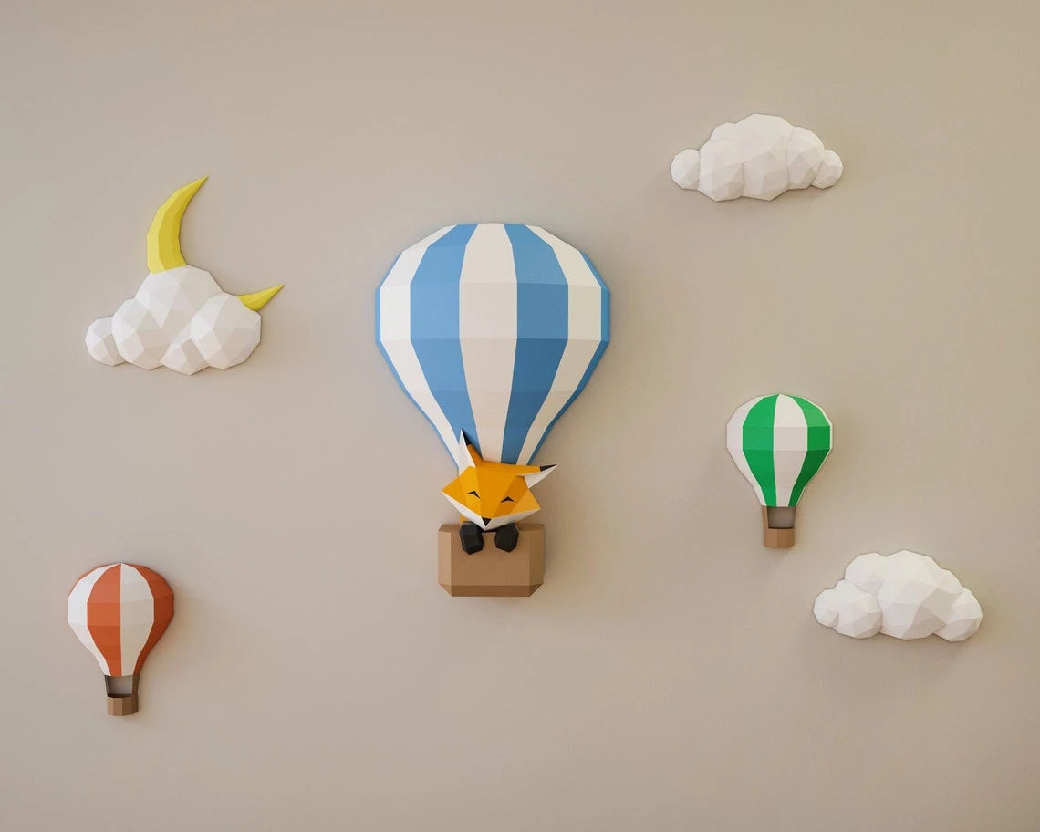 Papercraft Balloons and Clouds, paper craft sky panorama, moon paper model, Fox in the balloon, kid PDF, for girl, for boy, Children's room.