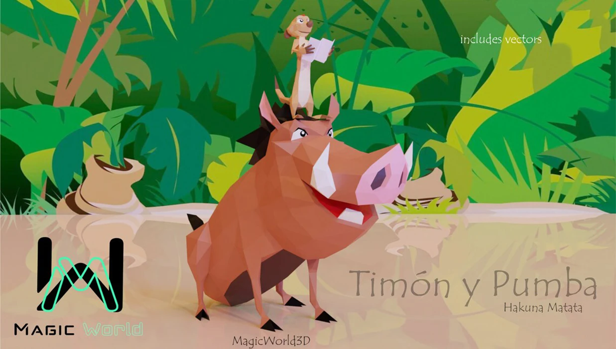 Timon and Pumbaa, Timon y Pumba, Lion King, Hakuna Matata Low Poly, Papercraft, PDF template, Paper model, Sculpture, 3D puzzle, Polygonal model, Lowpoly