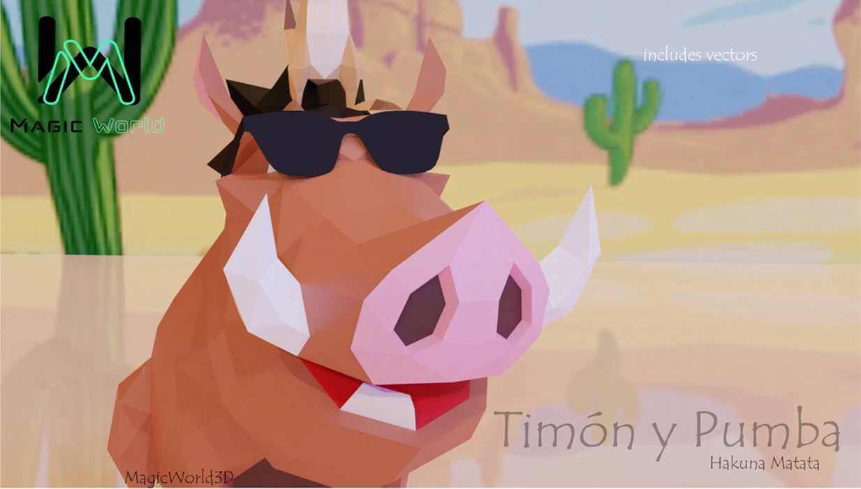 Timon and Pumbaa, Timon y Pumba, Lion King, Hakuna Matata Low Poly, Papercraft, PDF template, Paper model, Sculpture, 3D puzzle, Polygonal model, Lowpoly