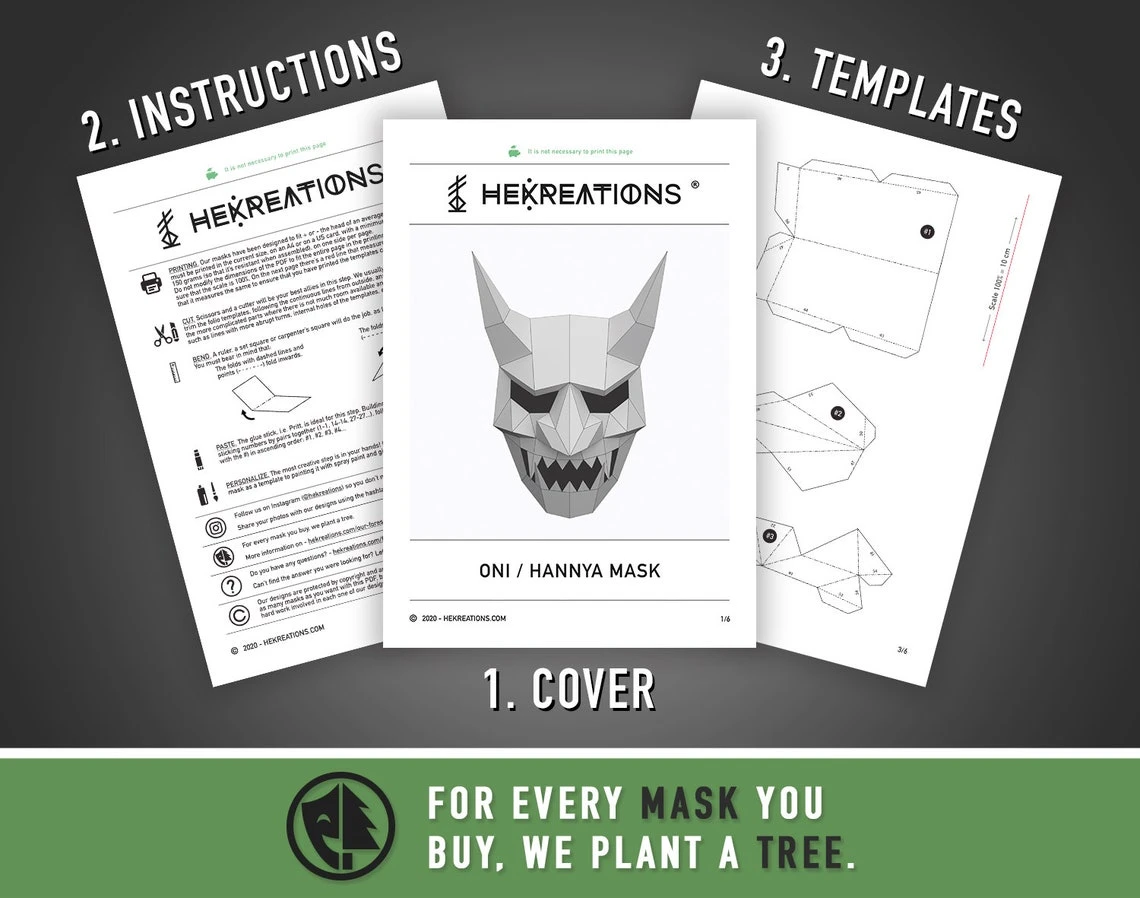 Japanese Demon Mask, Oni, Hannya | DIY Paper Mask, Printable Template, Papercraft, 3D Mask, Polygon, Low Poly, Geometric, Costume, Pattern