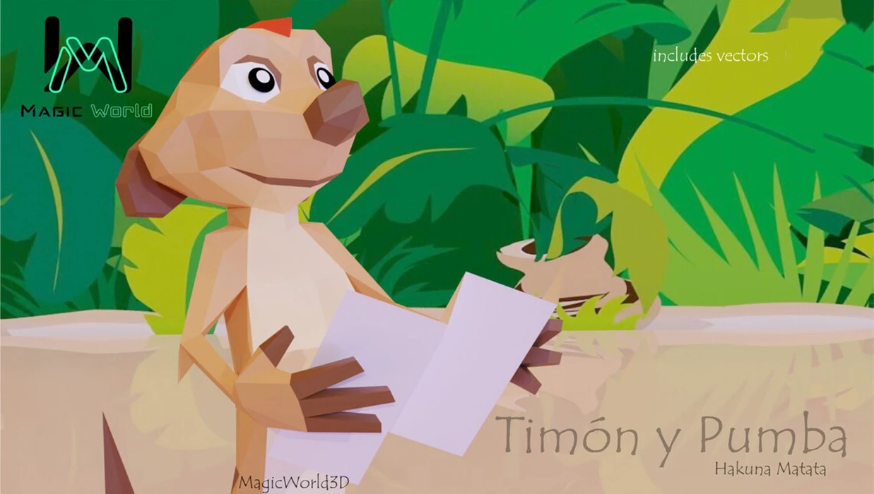 Timon and Pumbaa, Timon y Pumba, Lion King, Hakuna Matata Low Poly, Papercraft, PDF template, Paper model, Sculpture, 3D puzzle, Polygonal model, Lowpoly