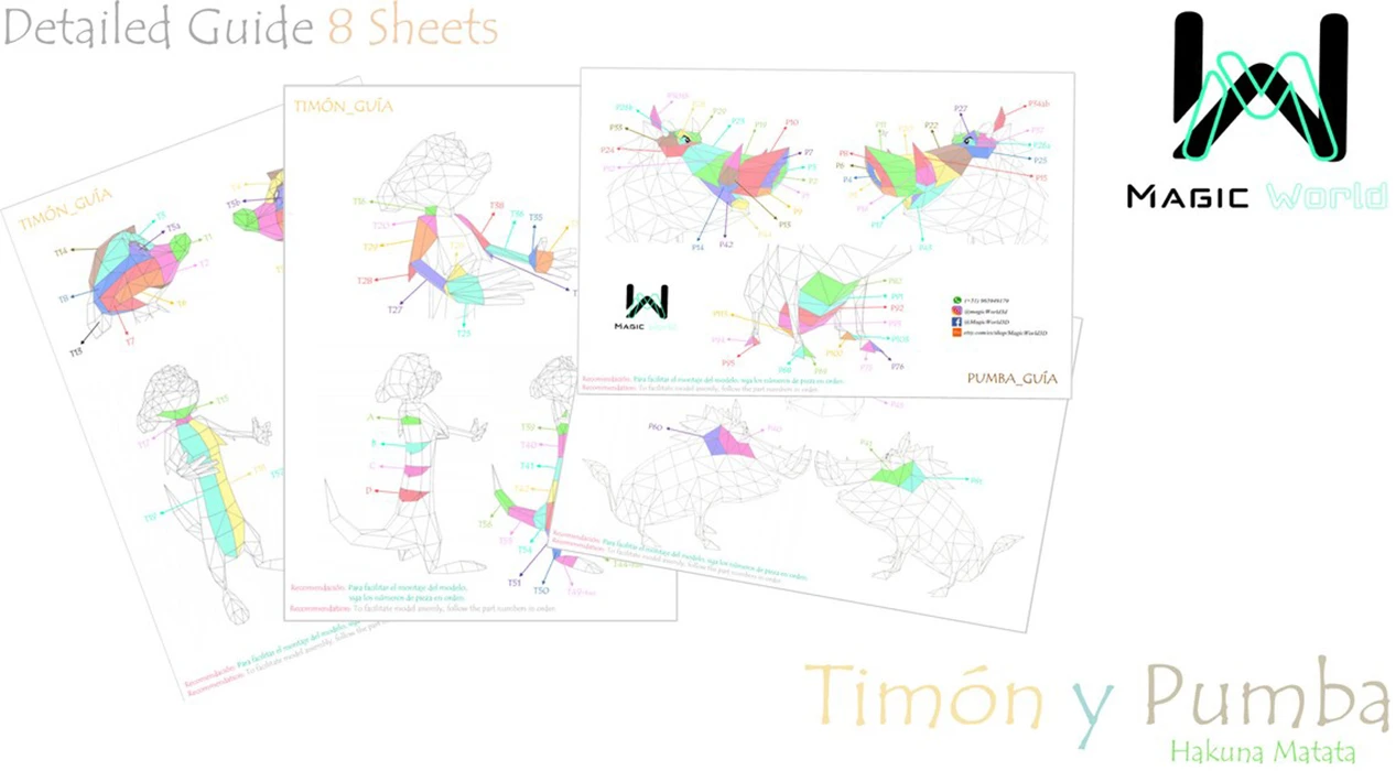 Timon and Pumbaa, Timon y Pumba, Lion King, Hakuna Matata Low Poly, Papercraft, PDF template, Paper model, Sculpture, 3D puzzle, Polygonal model, Lowpoly