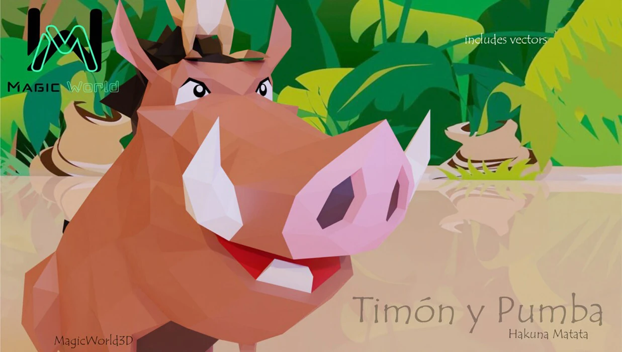 Timon and Pumbaa, Timon y Pumba, Lion King, Hakuna Matata Low Poly, Papercraft, PDF template, Paper model, Sculpture, 3D puzzle, Polygonal model, Lowpoly