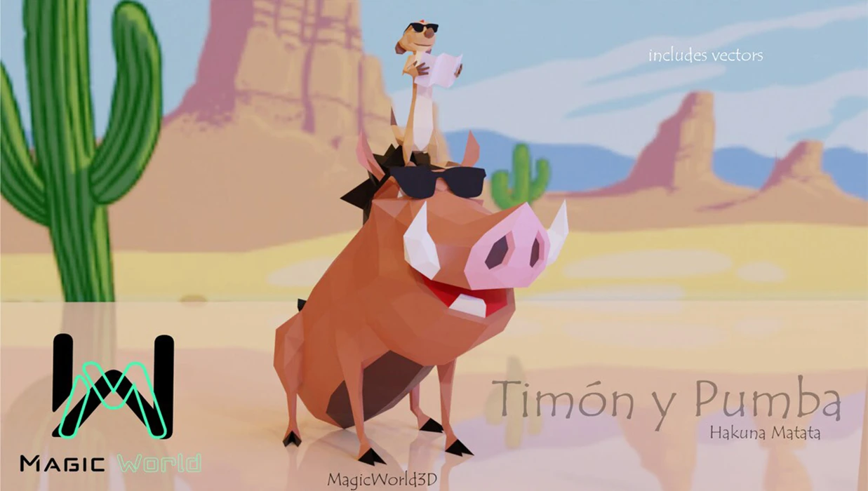 Timon and Pumbaa, Timon y Pumba, Lion King, Hakuna Matata Low Poly, Papercraft, PDF template, Paper model, Sculpture, 3D puzzle, Polygonal model, Lowpoly