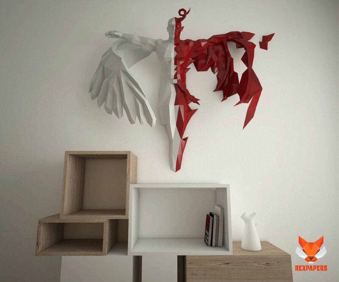 Angel and Demon Papercraft, PDF Template, DIY 3d Model, FanArt, Paper Sculpture, Low Poly, Pepakura Craft, Manualidad