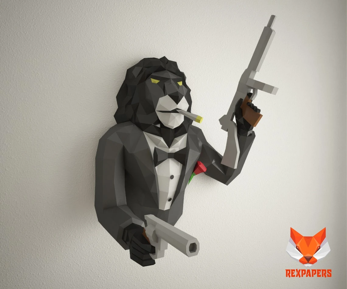 Lion Gangster, León Gánster Papercraft, PDF Template, DIY 3d Model, FanArt, Paper Sculpture, Low Poly, Pepakura Craft, Manualidad