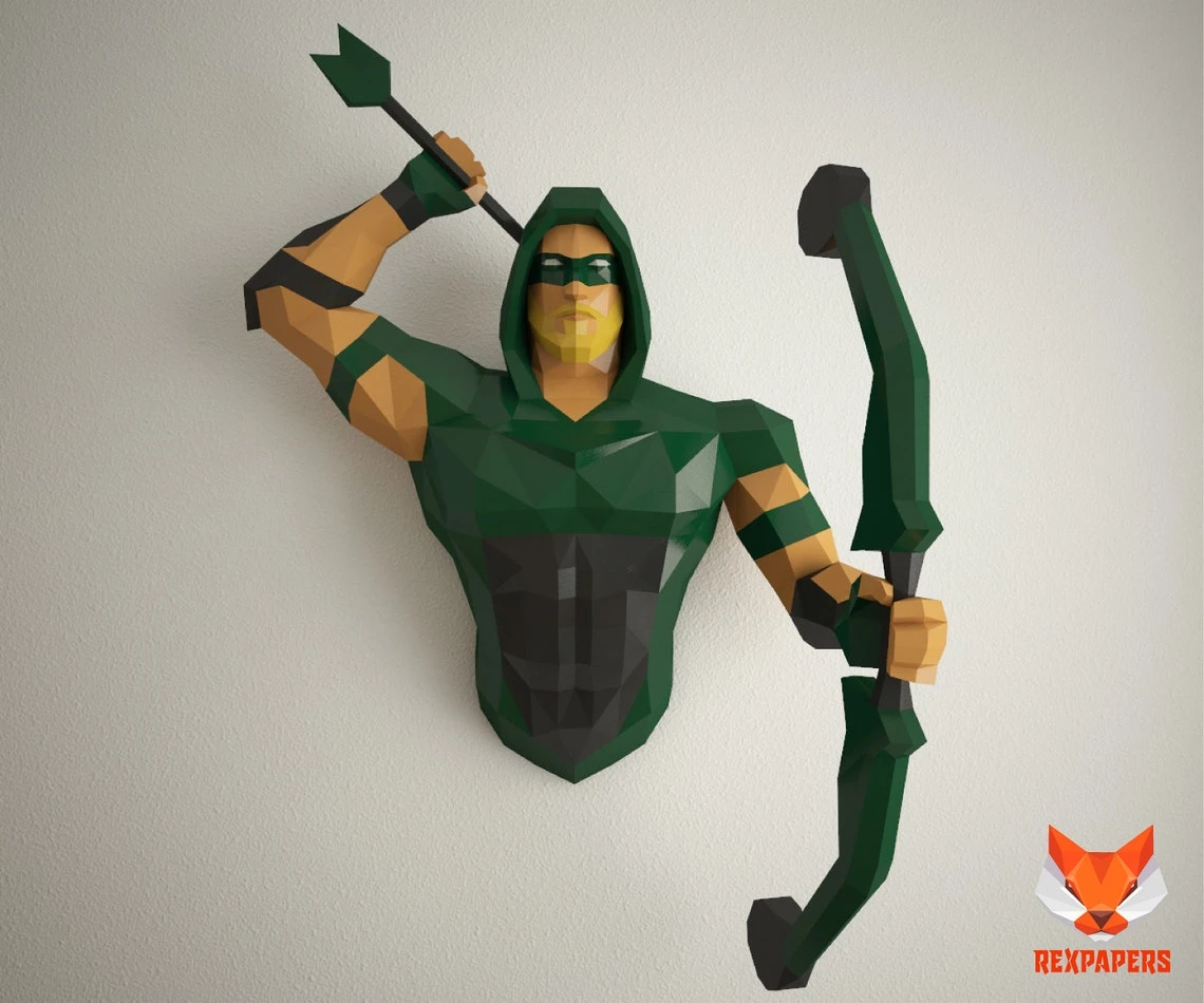 Green Arrow Papercraft, PDF Template, DIY 3d Model, FanArt, Paper Sculpture, Low Poly, Pepakura Craft, Manualidad