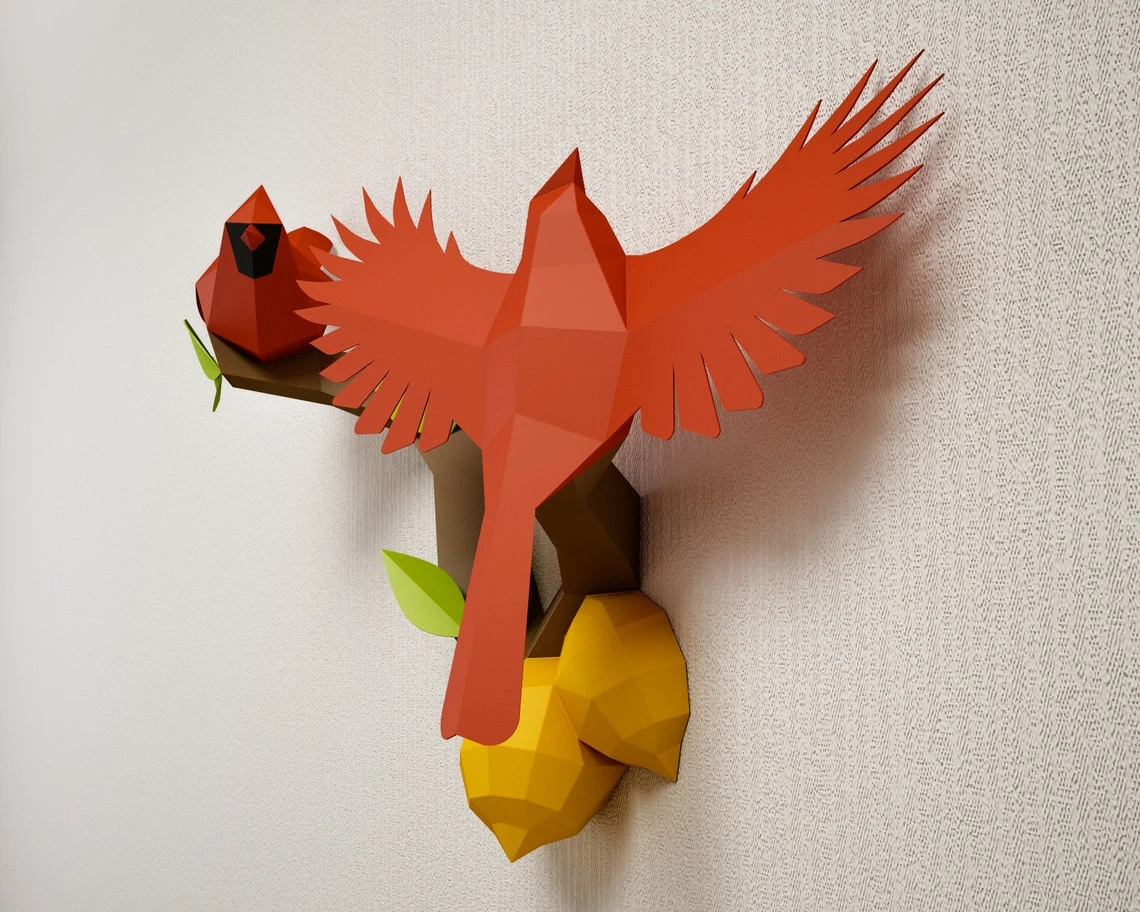 Papercraft Birds on a branch with lemons, Northern Cardinal low poly paper model, Paper craft PDF template, printable 3D puzzle, digital kit