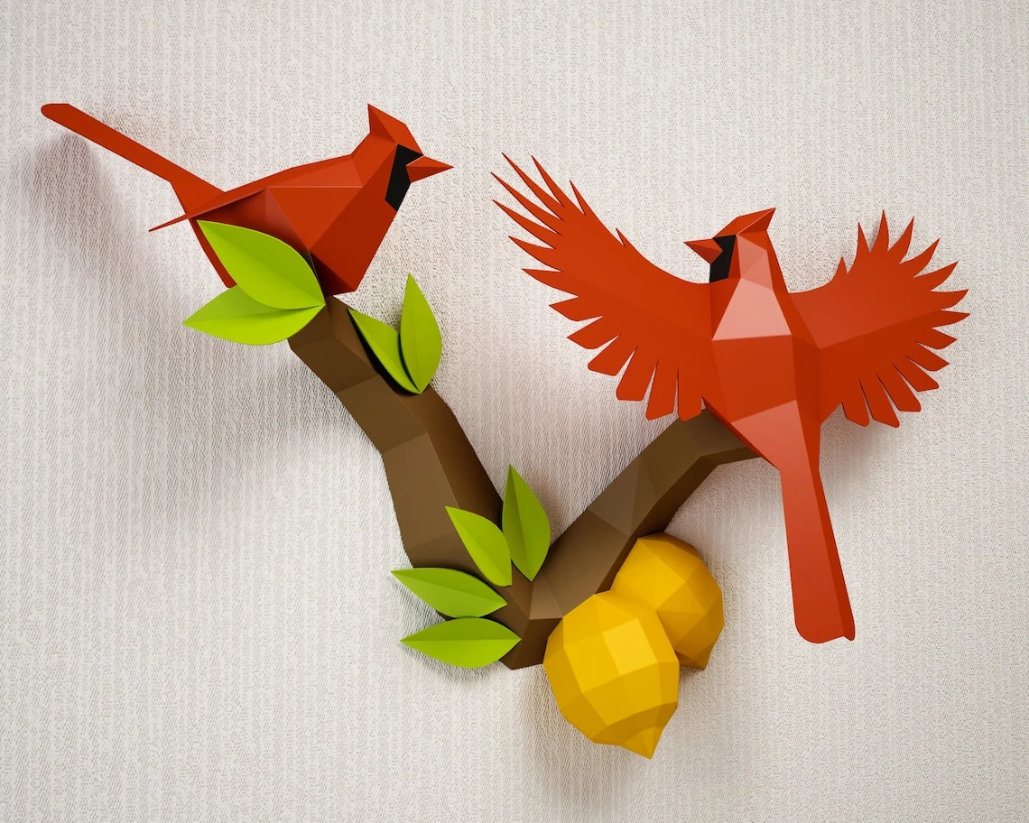 Papercraft Birds on a branch with lemons, Northern Cardinal low poly paper model, Paper craft PDF template, printable 3D puzzle, digital kit