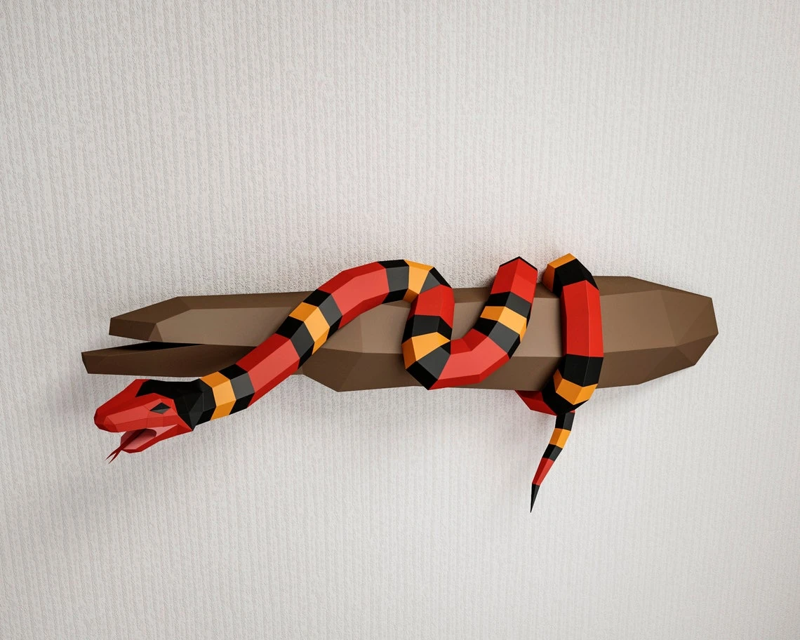 Papercraft Snake on a branch, Scarlet king snake Paper craft 3D model, PDF template, wall decor low poly animal, serpent, viper, coral snake