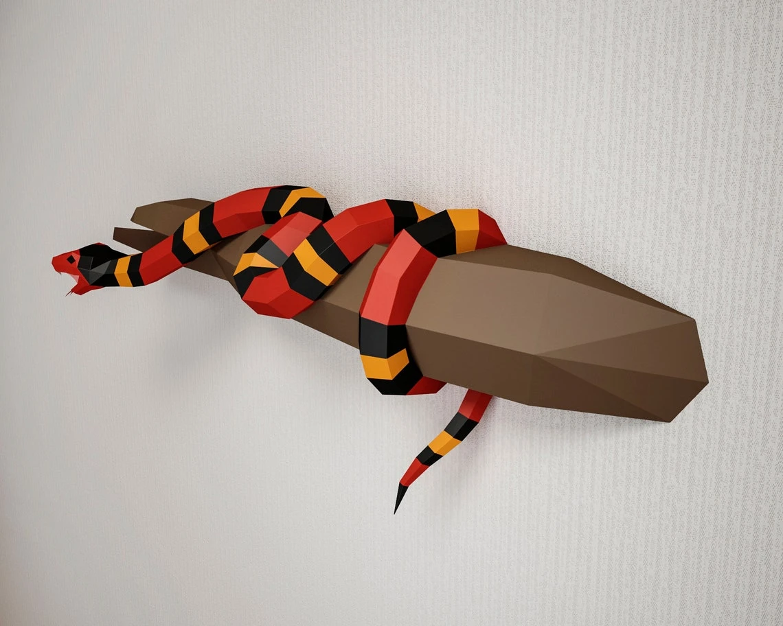 Papercraft Snake on a branch, Scarlet king snake Paper craft 3D model, PDF template, wall decor low poly animal, serpent, viper, coral snake