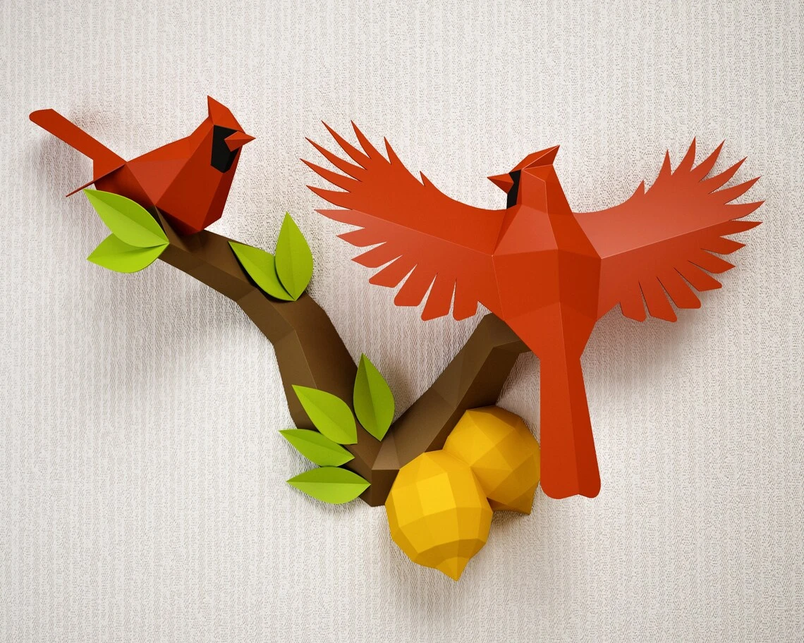 Papercraft Birds on a branch with lemons, Northern Cardinal low poly paper model, Paper craft PDF template, printable 3D puzzle, digital kit