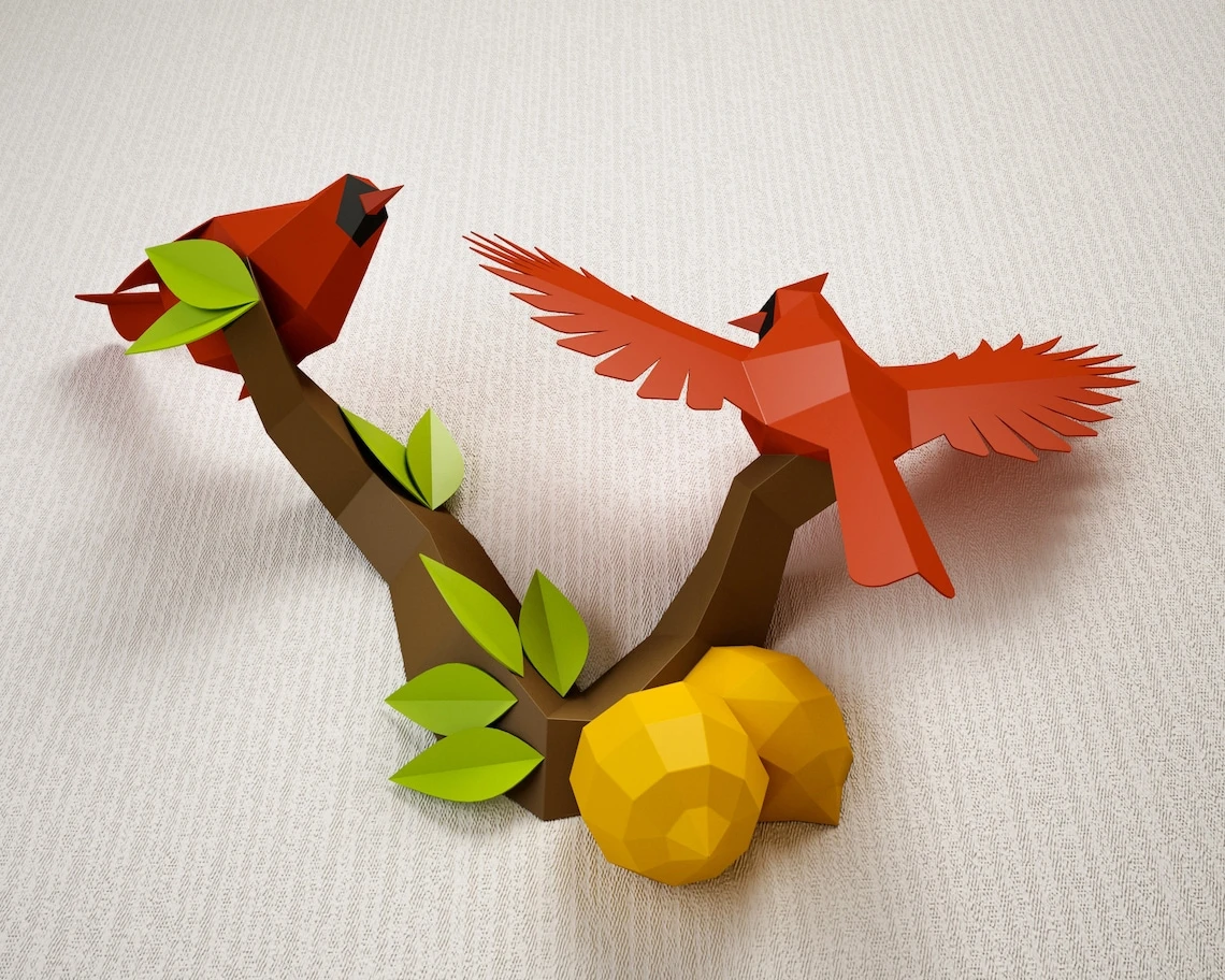 Papercraft Birds on a branch with lemons, Northern Cardinal low poly paper model, Paper craft PDF template, printable 3D puzzle, digital kit