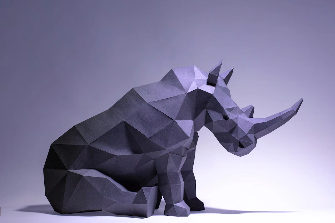 Rhino Sit, Rhinoceros Paper Craft, Digital Template, Origami, PDF Download DIY, Low Poly, Trophy, Sculpture, Rhino Model