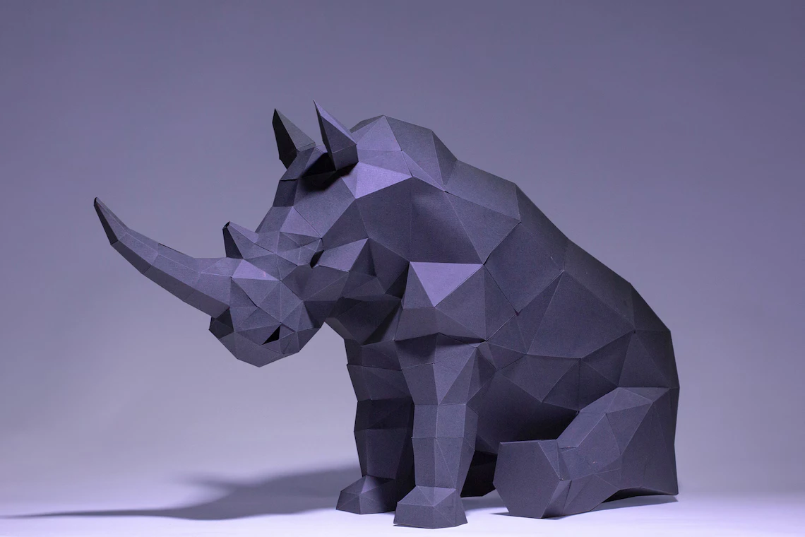 Rhino Sit, Rhinoceros Paper Craft, Digital Template, Origami, PDF Download DIY, Low Poly, Trophy, Sculpture, Rhino Model