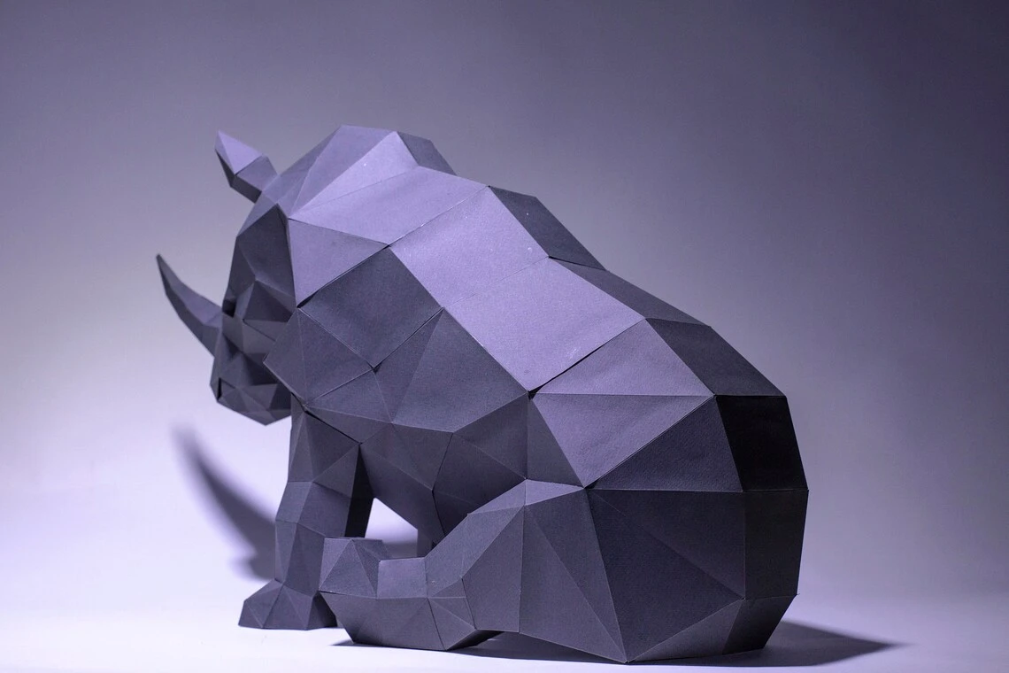 Rhino Sit, Rhinoceros Paper Craft, Digital Template, Origami, PDF Download DIY, Low Poly, Trophy, Sculpture, Rhino Model