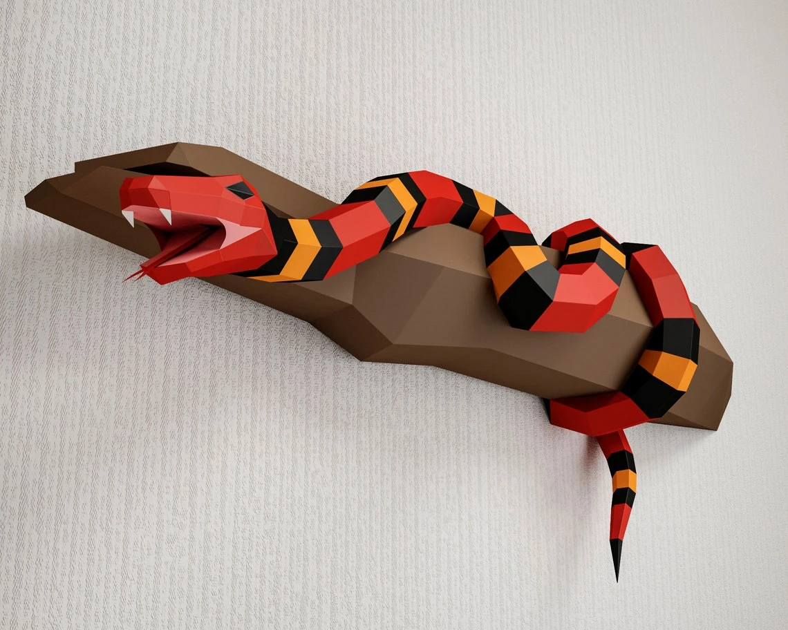 Papercraft Snake on a branch, Scarlet king snake Paper craft 3D model, PDF template, wall decor low poly animal, serpent, viper, coral snake