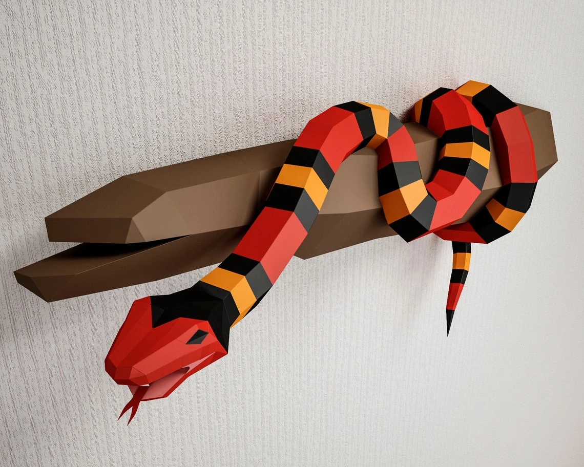 Papercraft Snake on a branch, Scarlet king snake Paper craft 3D model, PDF template, wall decor low poly animal, serpent, viper, coral snake