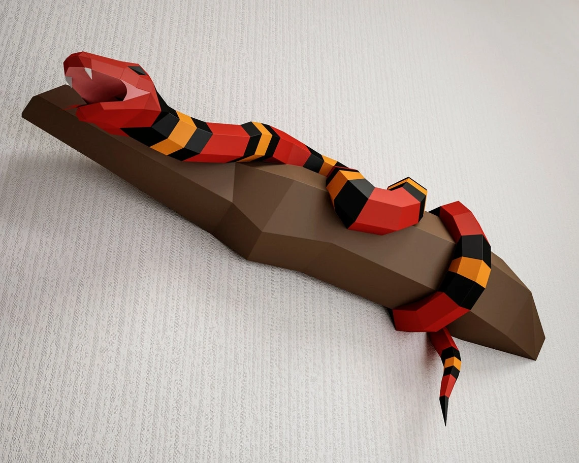 Papercraft Snake on a branch, Scarlet king snake Paper craft 3D model, PDF template, wall decor low poly animal, serpent, viper, coral snake