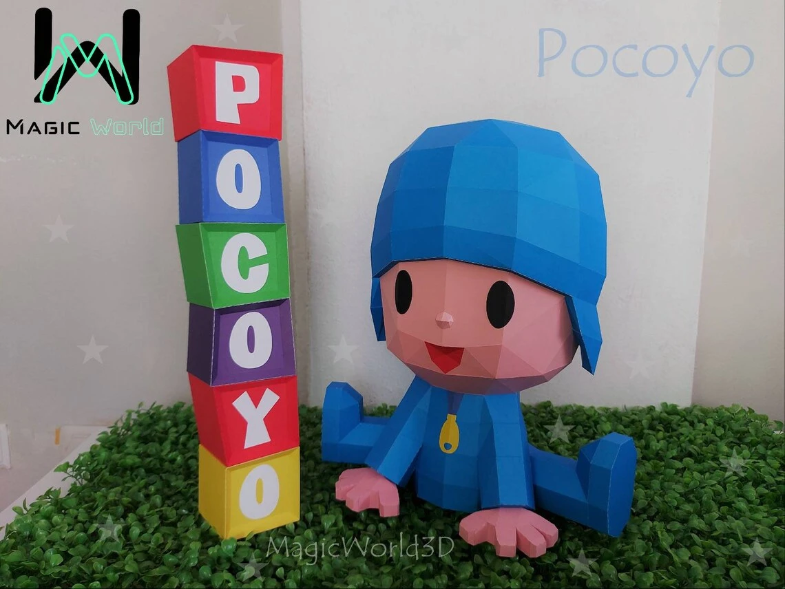 Pocoyo Low Poly, Papercraft, PDF template, Paper model, Sculpture, 3D puzzle, Polygonal model, Lowpoly