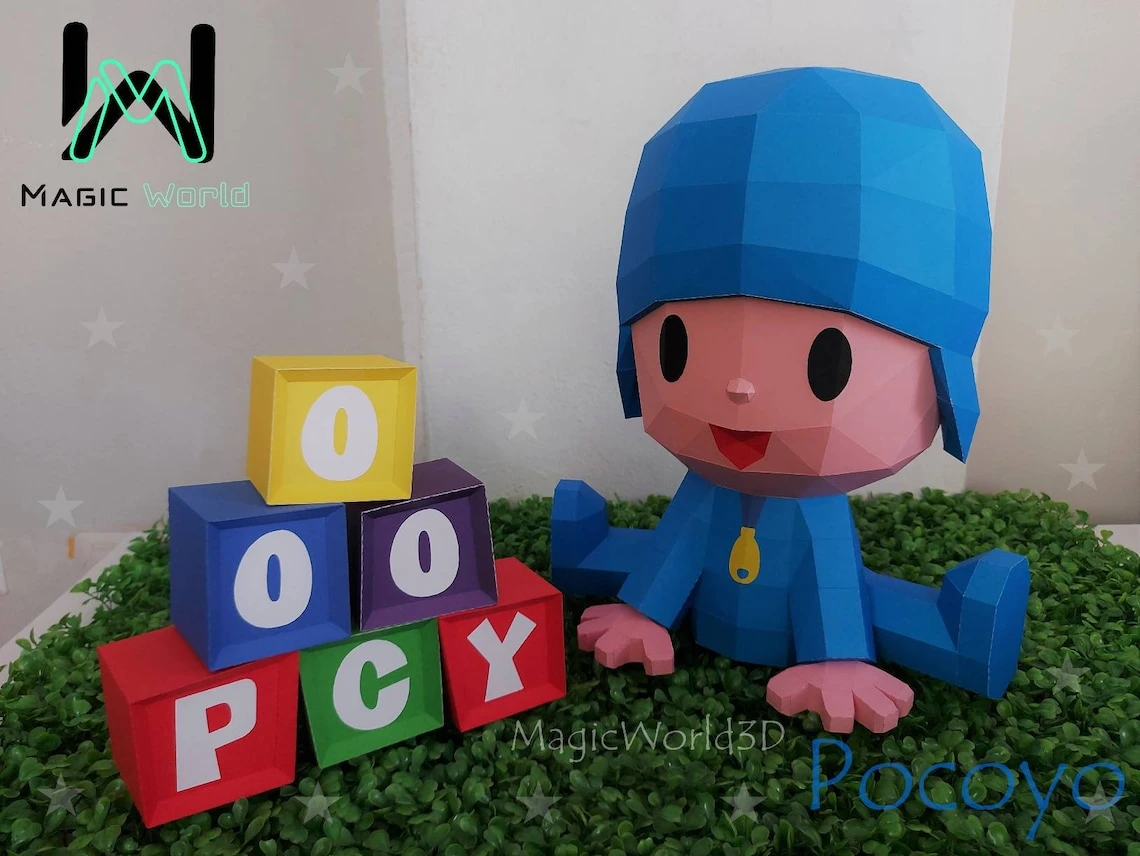 Pocoyo Low Poly, Papercraft, PDF template, Paper model, Sculpture, 3D puzzle, Polygonal model, Lowpoly