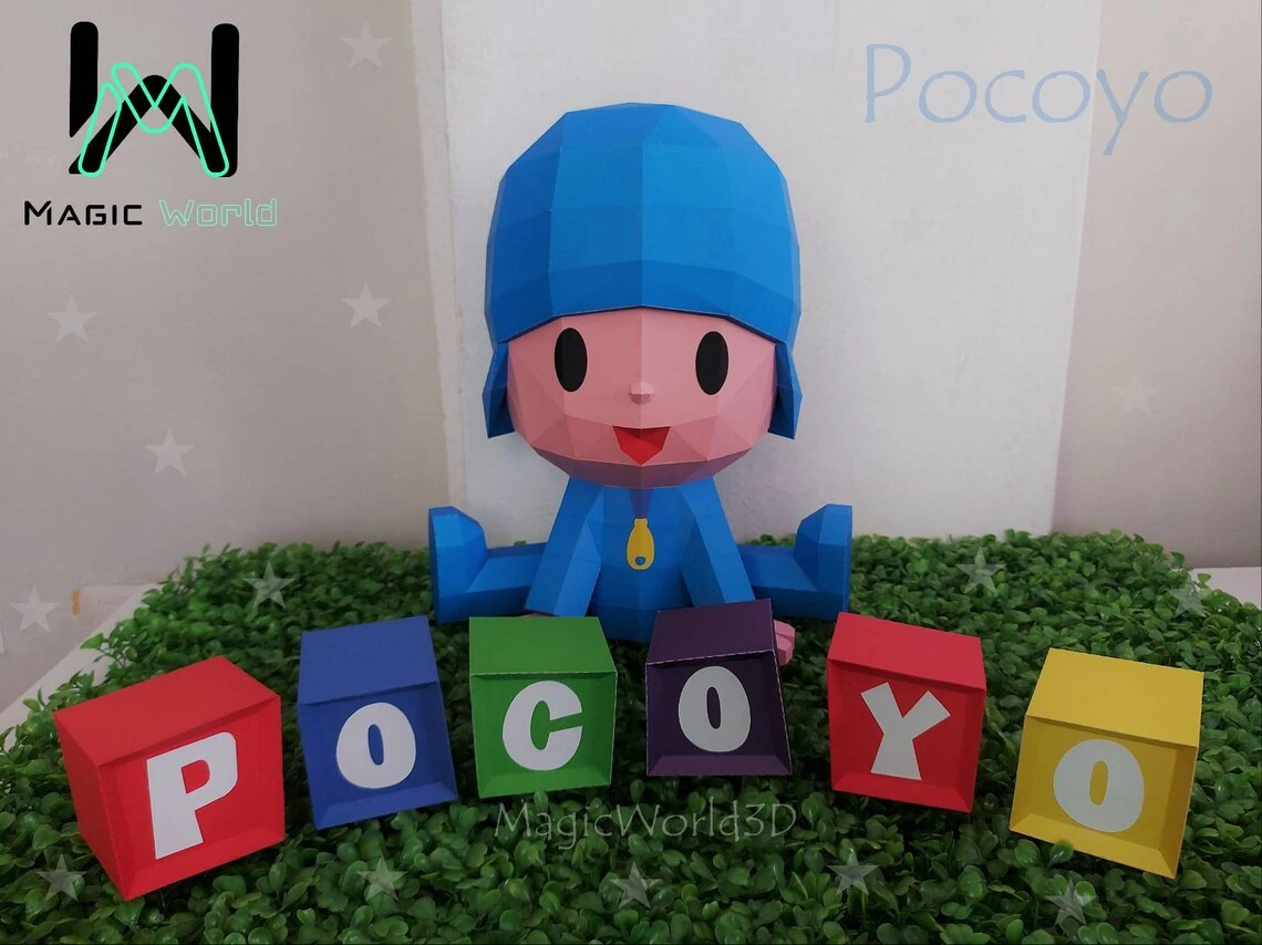 Pocoyo Low Poly, Papercraft, PDF template, Paper model, Sculpture, 3D puzzle, Polygonal model, Lowpoly