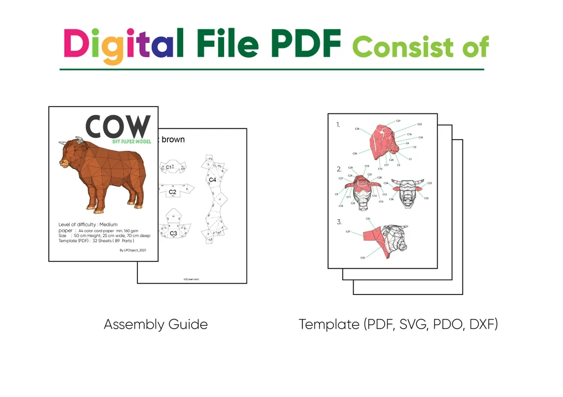 Cow Paper Craft, Digital Template, Origami, PDF Download DIY, Low Poly, Trophy, Sculpture, Cow Model