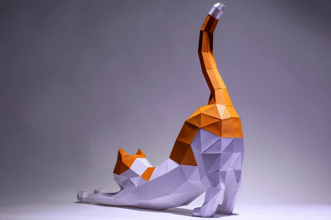 Cat Stretching Paper Craft, Digital Template, Origami, PDF Download DIY, Low Poly, Trophy, Sculpture, Cat Stretching Model