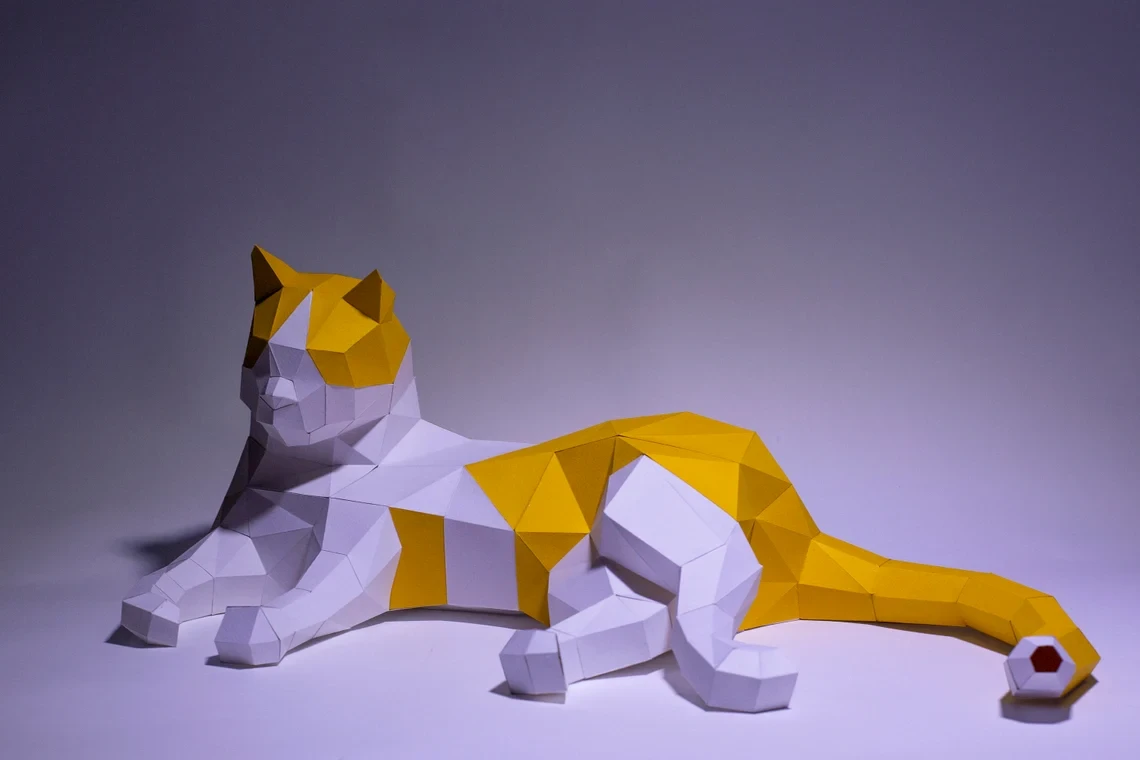 Cat Sleeping Paper Craft, Digital Template, Origami, PDF Download DIY, Low Poly, Trophy, Sculpture, Cat Sleeping Model