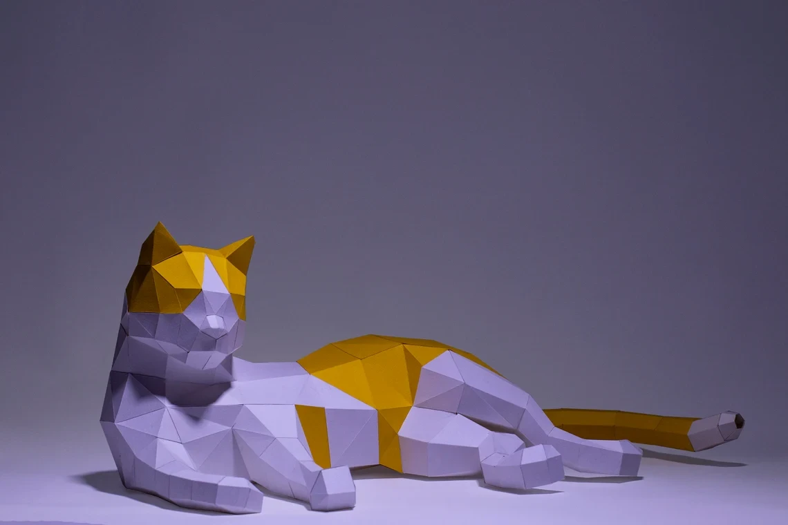 Cat Sleeping Paper Craft, Digital Template, Origami, PDF Download DIY, Low Poly, Trophy, Sculpture, Cat Sleeping Model