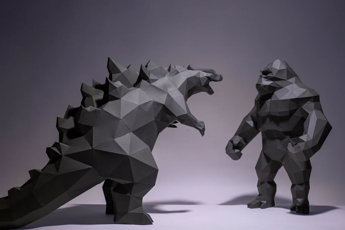 Godzilla and Kong Paper Craft, Digital Template, Origami, PDF Download DIY, Low Poly, Trophy, Sculpture, Godzilla and Kong Model