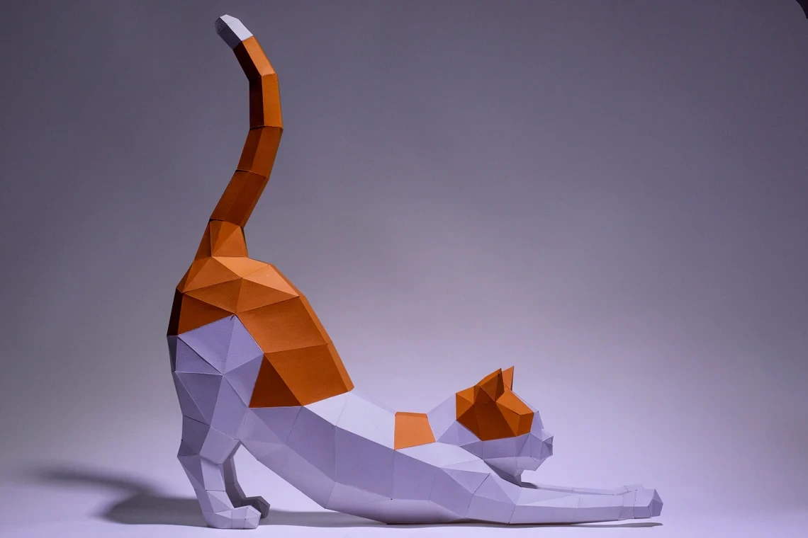 Cat Stretching Paper Craft, Digital Template, Origami, PDF Download DIY, Low Poly, Trophy, Sculpture, Cat Stretching Model