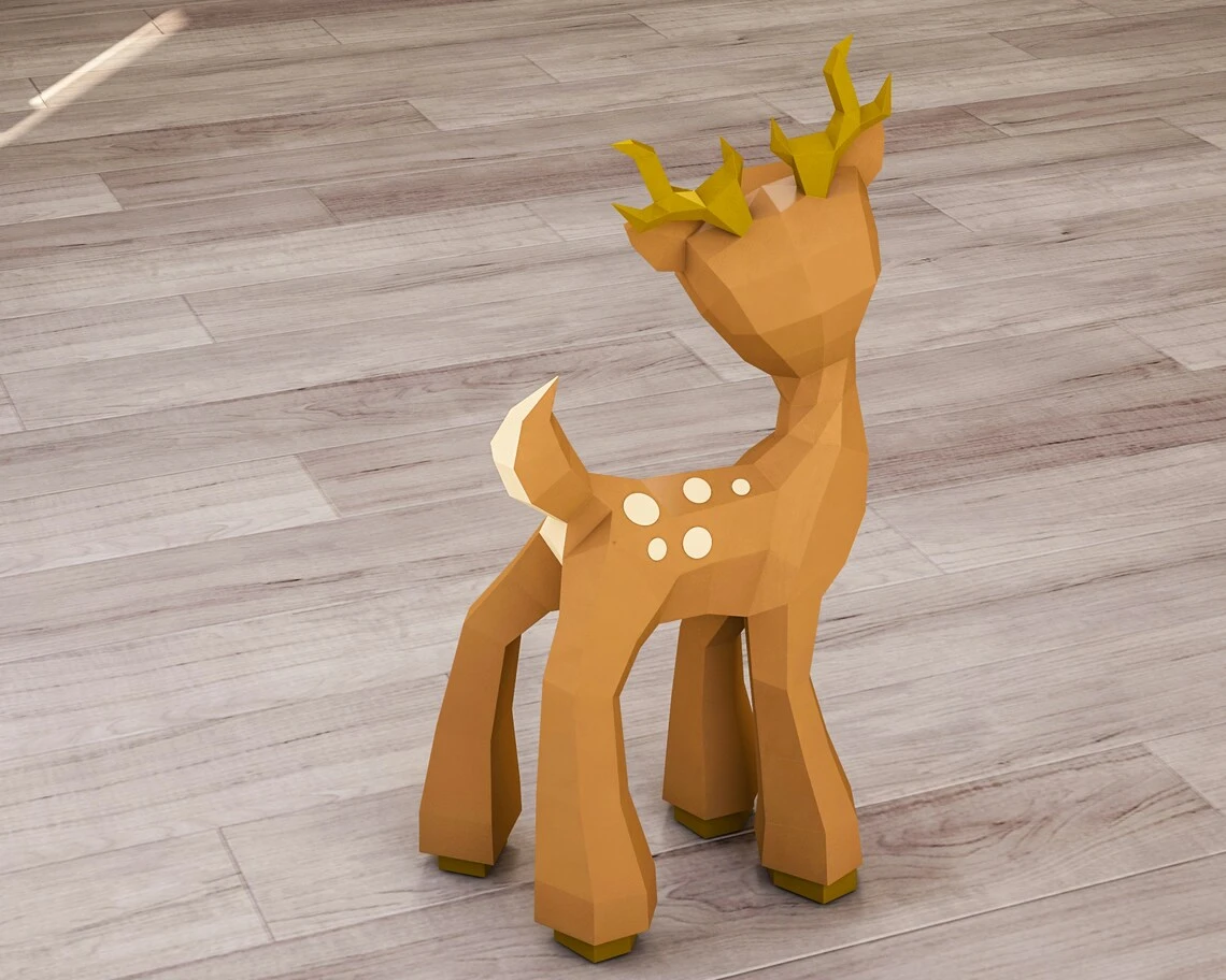 3D Papercraft Fawn, Paper Craft Deer model, DIY sculpture, low poly animal pattern, PDF template, Roe deer baby model, Digital kit A4