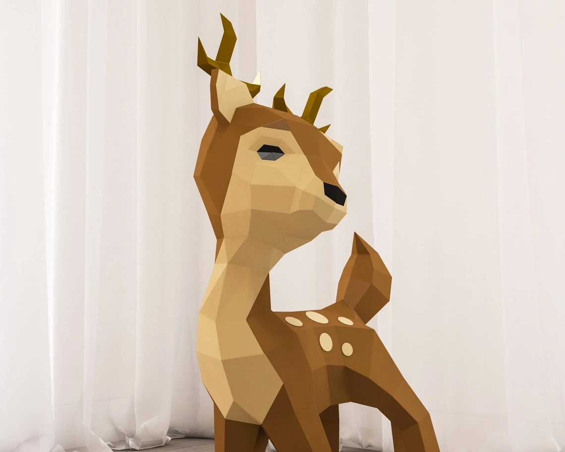 3D Papercraft Fawn, Paper Craft Deer model, DIY sculpture, low poly animal pattern, PDF template, Roe deer baby model, Digital kit A4