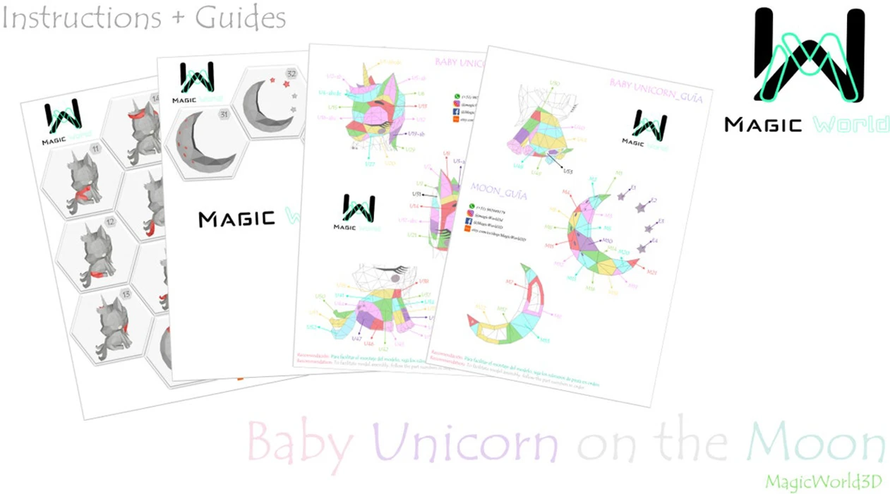 Baby Unicorn on The Moon Low Poly, Papercraft, PDF template, Paper model, Sculpture, 3D puzzle, Polygonal model, Lowpoly