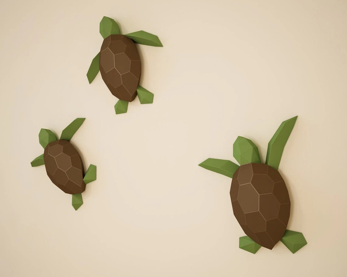 Papercraft Turtles, Paper Craft turtle model, Tortoise PDF template, 3D Terrapin sculpture, Low poly pattern, Little sea Turtles digital kit