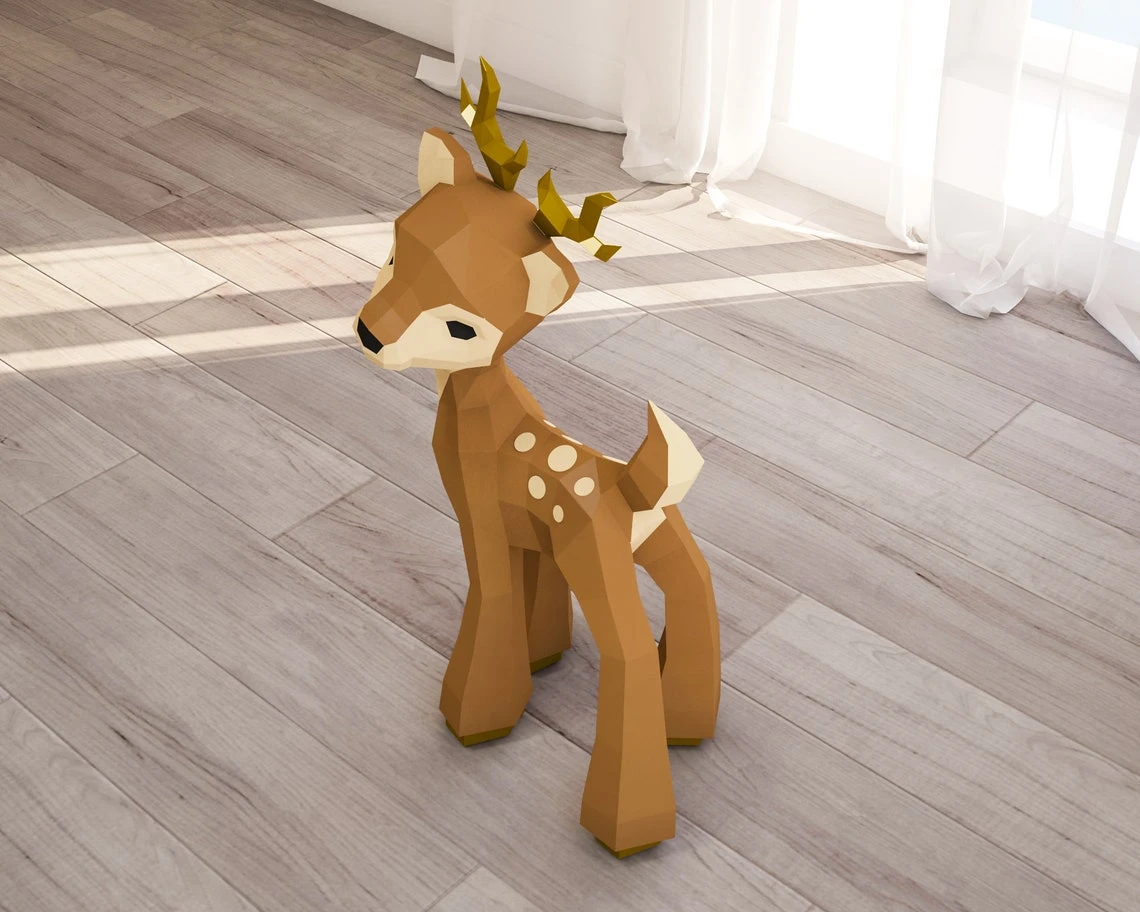 3D Papercraft Fawn, Paper Craft Deer model, DIY sculpture, low poly animal pattern, PDF template, Roe deer baby model, Digital kit A4