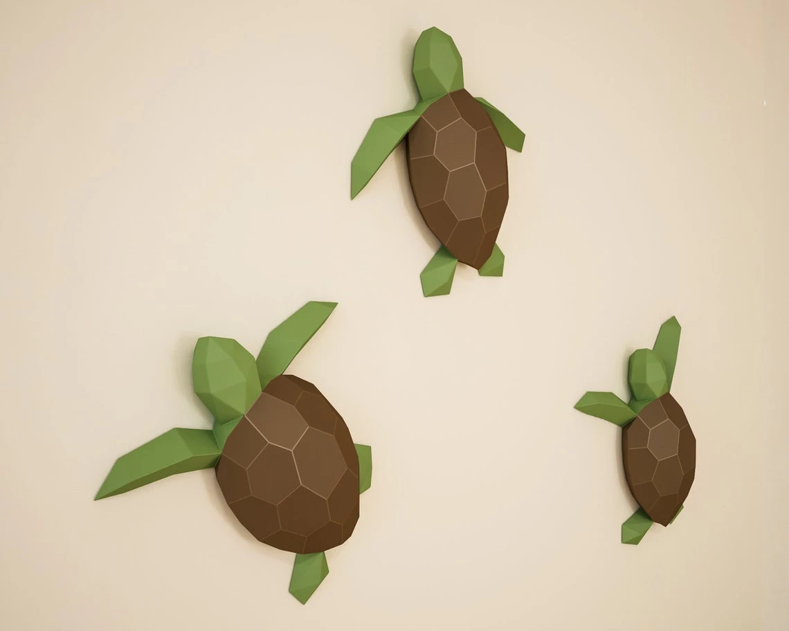 Papercraft Turtles, Paper Craft turtle model, Tortoise PDF template, 3D Terrapin sculpture, Low poly pattern, Little sea Turtles digital kit