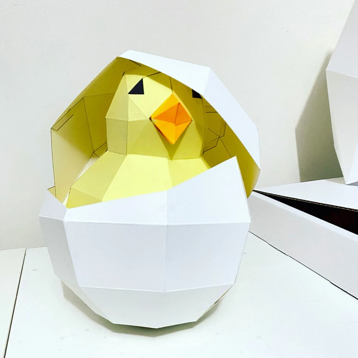 Chick 3d papercraft. You get a PDF digital file templates and instructions for DIY modern lowpoly paper sculpture.