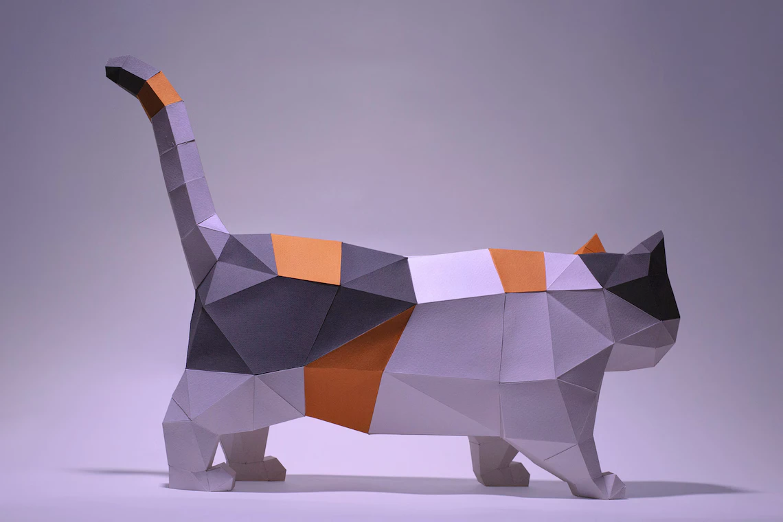 Munchkin Cat walking Paper Craft, Digital Template, Origami, PDF Download DIY, Low Poly, Trophy, Sculpture, Munchkin Cat Model