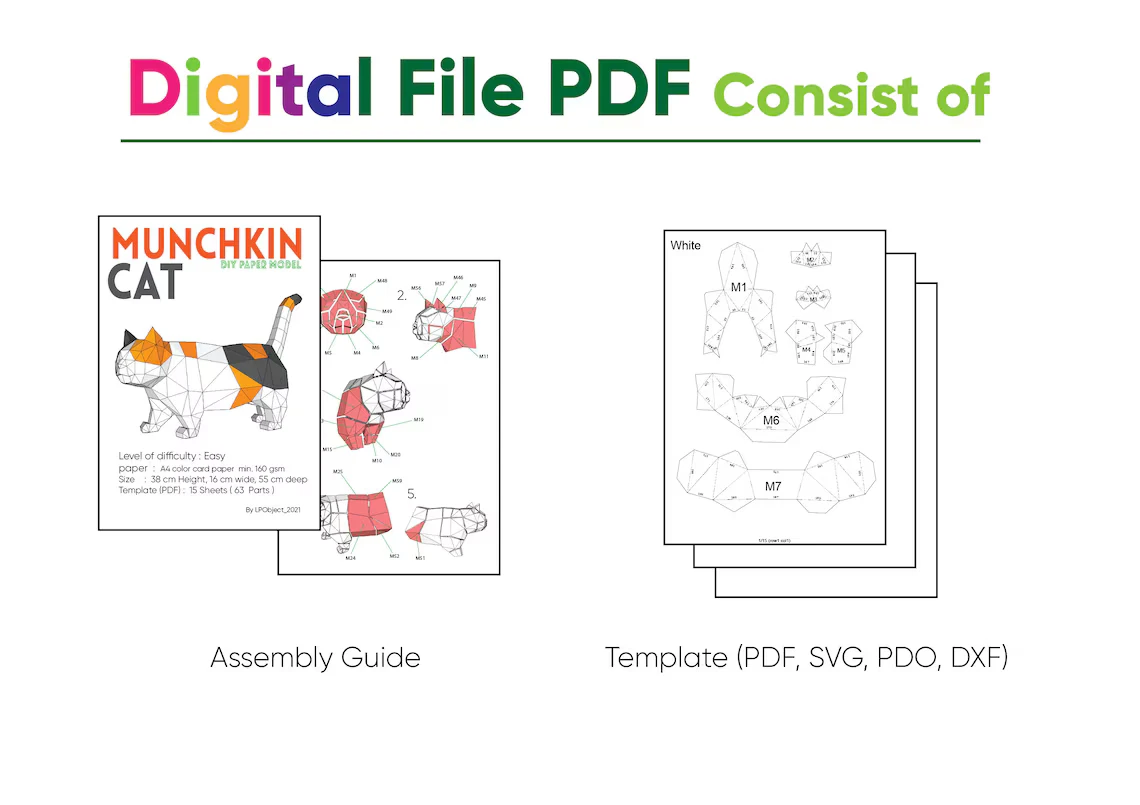 Munchkin Cat walking Paper Craft, Digital Template, Origami, PDF Download DIY, Low Poly, Trophy, Sculpture, Munchkin Cat Model